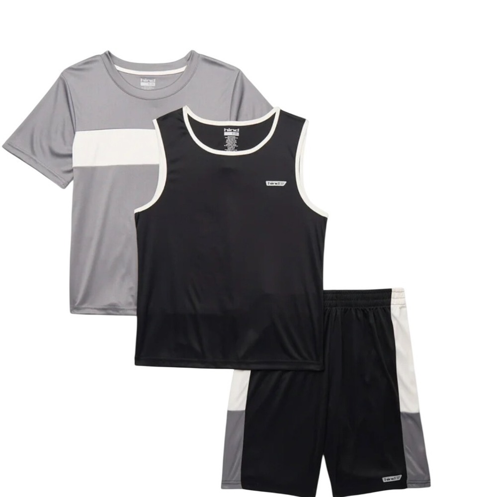 Hind Boys 3-Piece Athletic Set Short Sleeve Shirt Tank Shorts Gray Black 10/12
